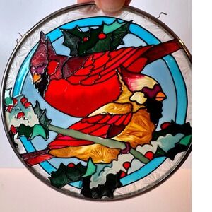 VTG Joan Baker Designs Cardinal Stained Glass Suncatcher Hand Painted Holiday